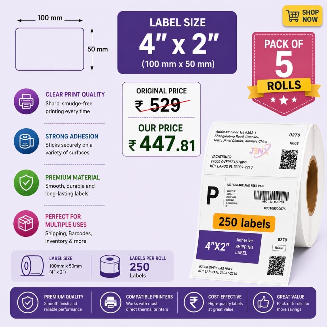 4×2 Direct Thermal Label Roll – Pack of 5 (100mm × 50mm, 250 Labels per Roll)