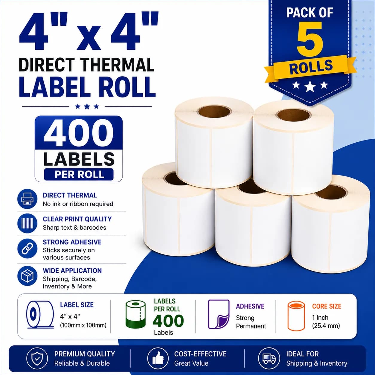 4x4 (100mm x 100mm) Pack of 5 Direct Thermal Label/Sticker(no Ribbon Required) Plain White 1 Inch core Inside (400 Labels) - Image 1