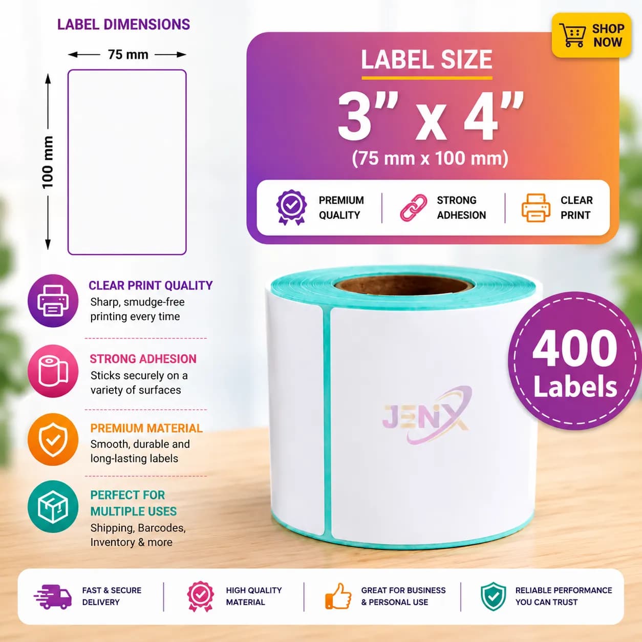 3×4 Direct Thermal Label Roll (75mm × 100mm, 400 Labels per Roll)