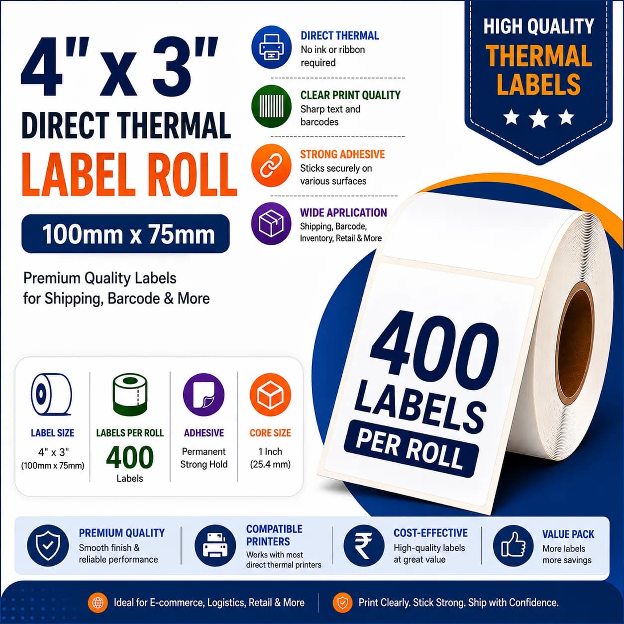 4x3 (100mm x 75mm) Direct Thermal Label/Sticker(no Ribbon Required) Plain White 1 Inch core Inside 400 labels