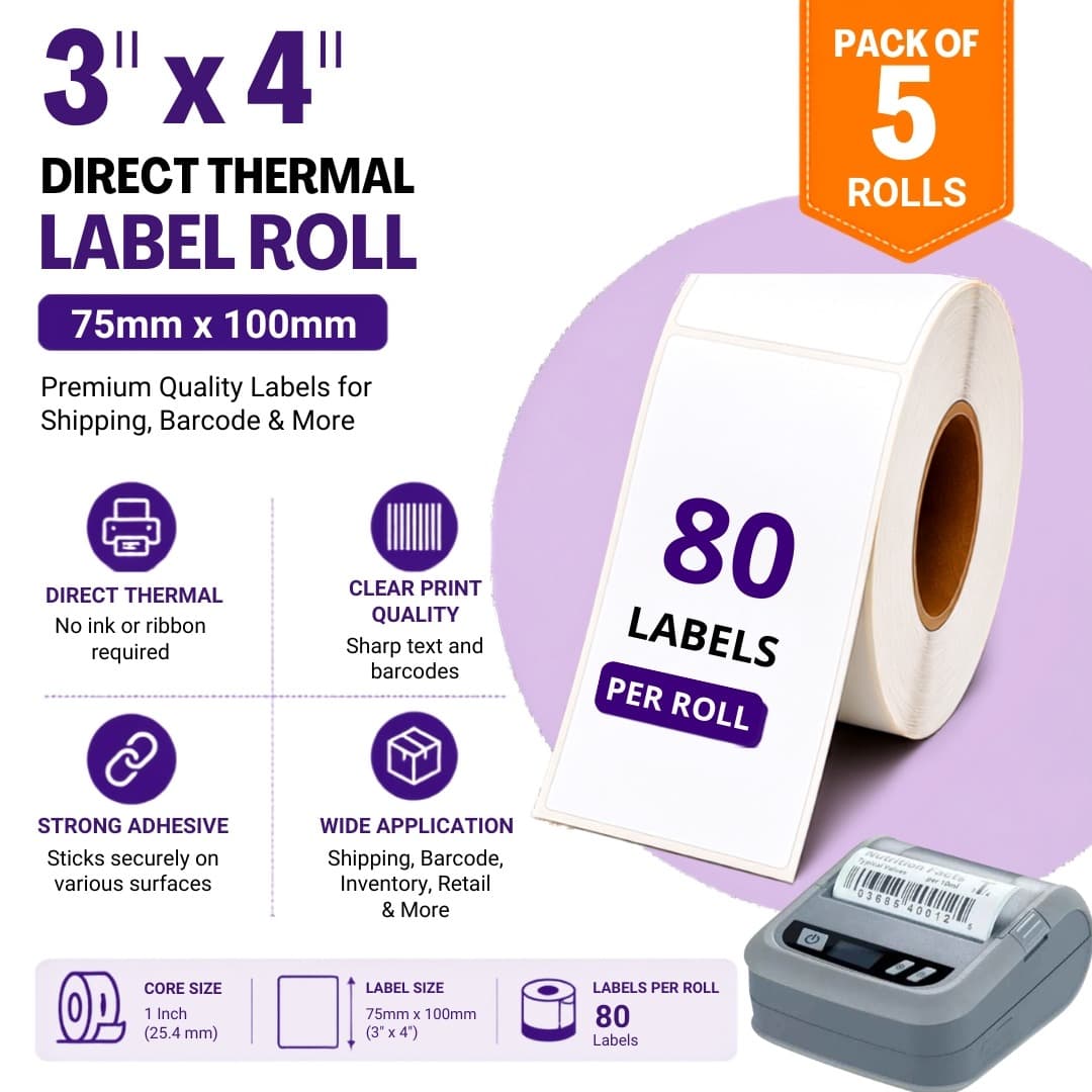 3x4 (75mm x 100mm)80 Labels- Pack of 5 Direct Thermal Label/Sticker(no Ribbon Required) Plain White0.5” Inch core Inside - Image 1