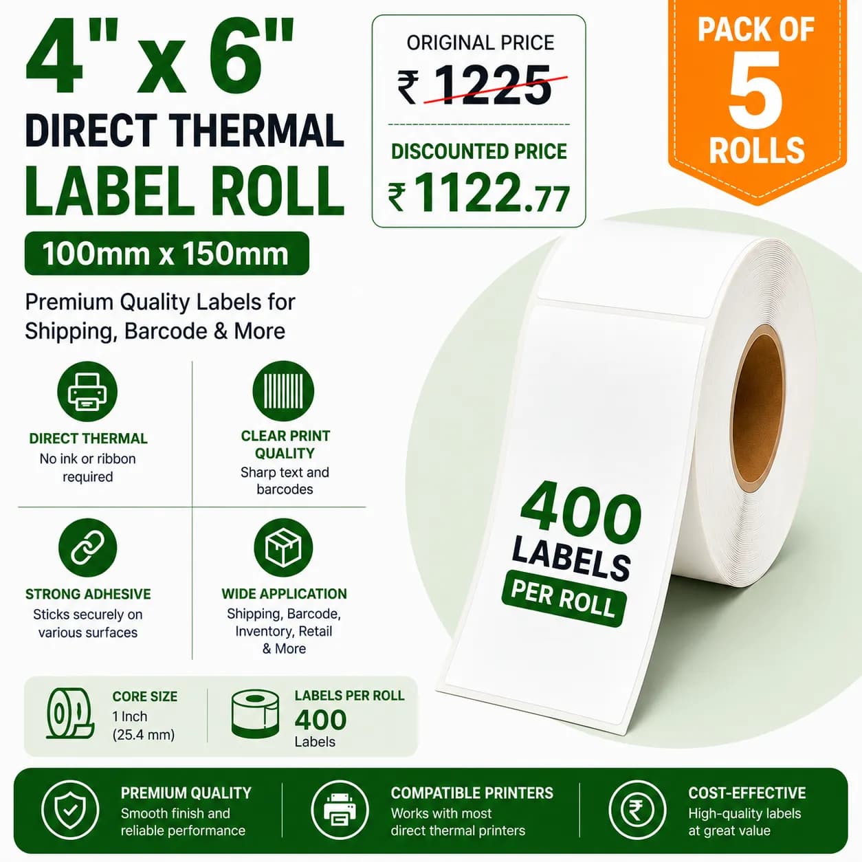 4x6 (100mm x 150mm) Pack of 5 Direct Thermal Label/Sticker(no Ribbon Required) Plain White 1 Inch core Inside 400 - Image 1