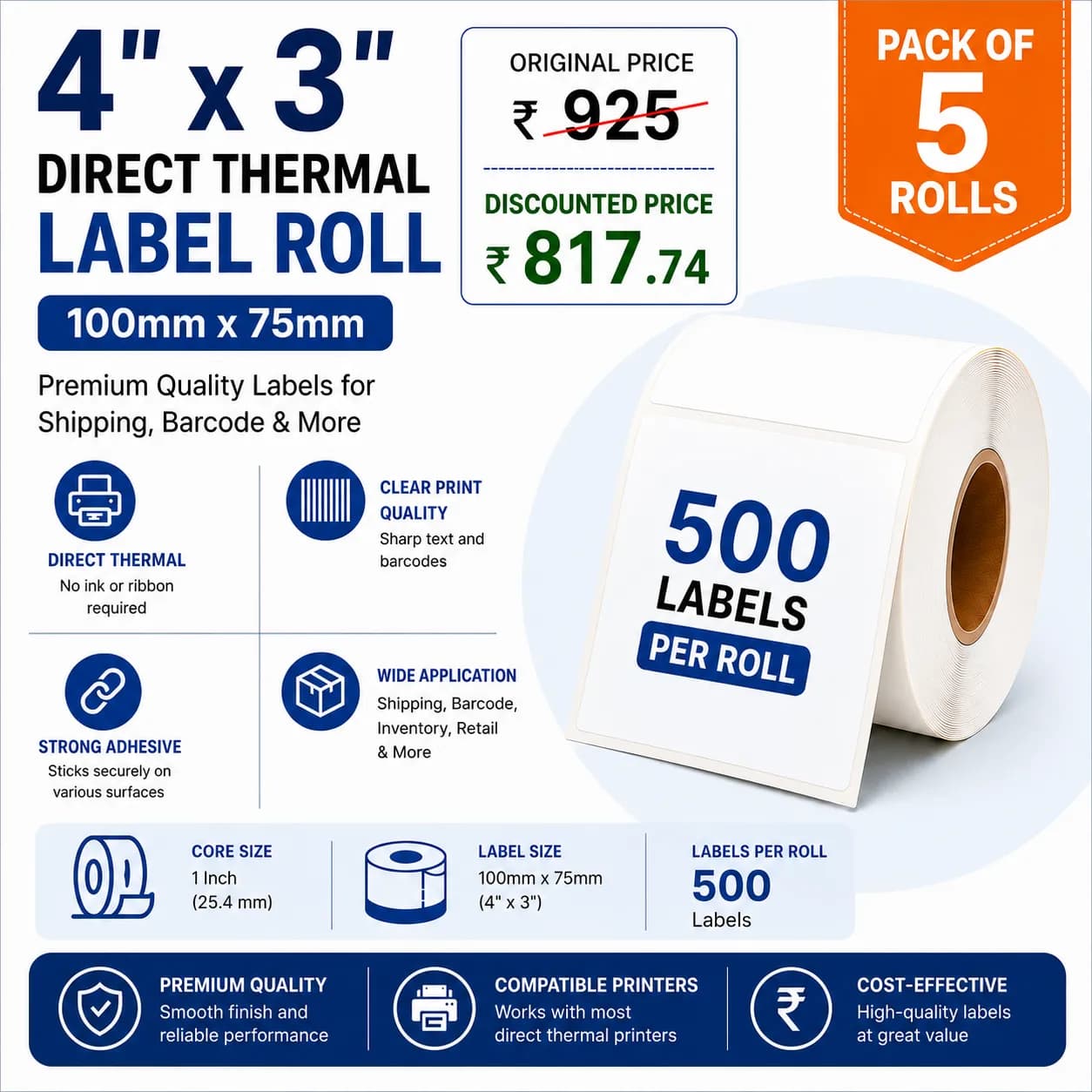 4x3 (100mm x 75mm) Pack of 5 Direct Thermal Label/Sticker(no Ribbon Required) Plain White 1 Inch core Inside - Image 1