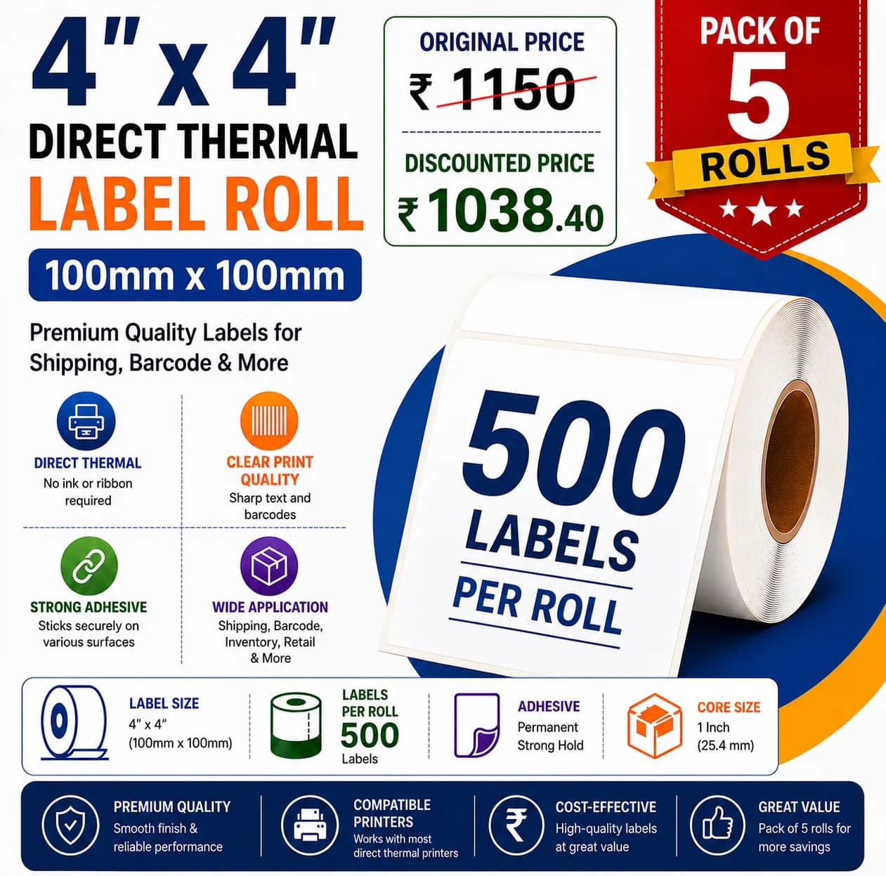 4x4 (100mm x 100mm) Pack of 5 Direct Thermal Label/Sticker(no Ribbon Required) Plain White 1 Inch core Inside (500 Labels) - Image 1