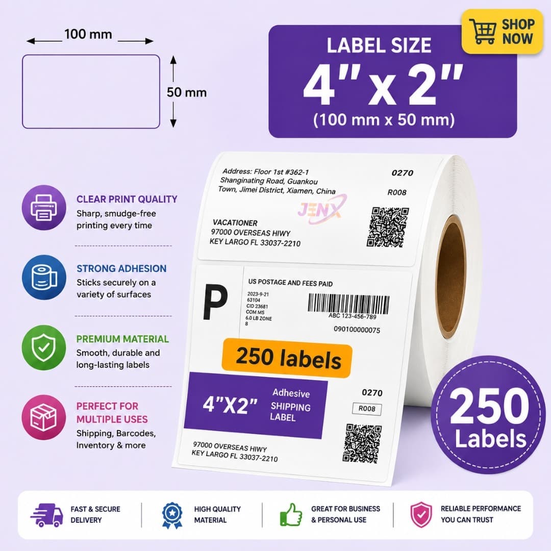 4×2 Direct Thermal Label Roll (100mm × 50mm) – 250 Labels per Roll