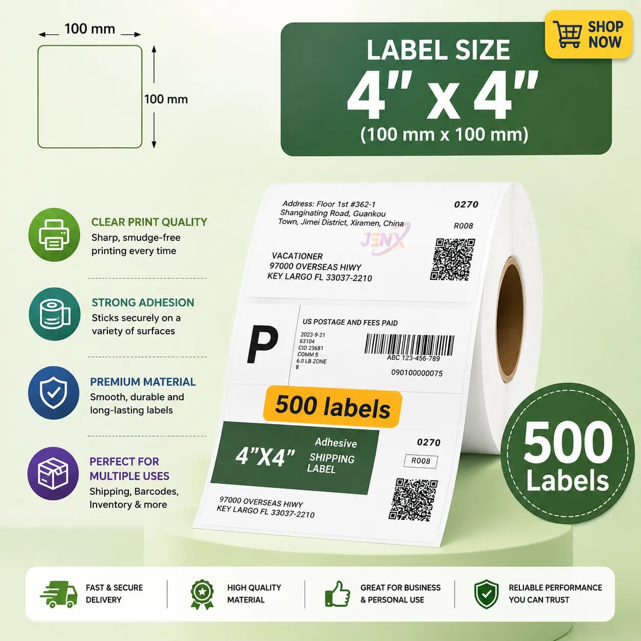4x4 (100mm x 100mm) Direct Thermal Label/Sticker(no Ribbon Required) Plain White 1 Inch core Inside (500 Labels) - Image 1