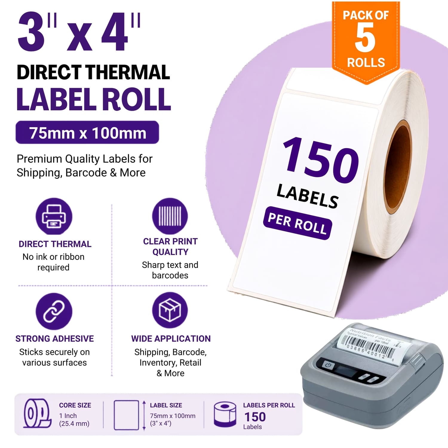 3x4 (75mm x 100mm)150 Labels- Pack of 5 Direct Thermal Label/Sticker(no Ribbon Required) Plain White0.5” Inch core Inside