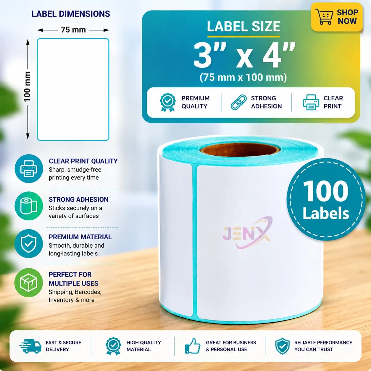 3x4 (75mm x 100mm) Direct Thermal Label/Sticker(no Ribbon Required) Plain White 0.5" Inch core Inside (100 labels) - Image 1