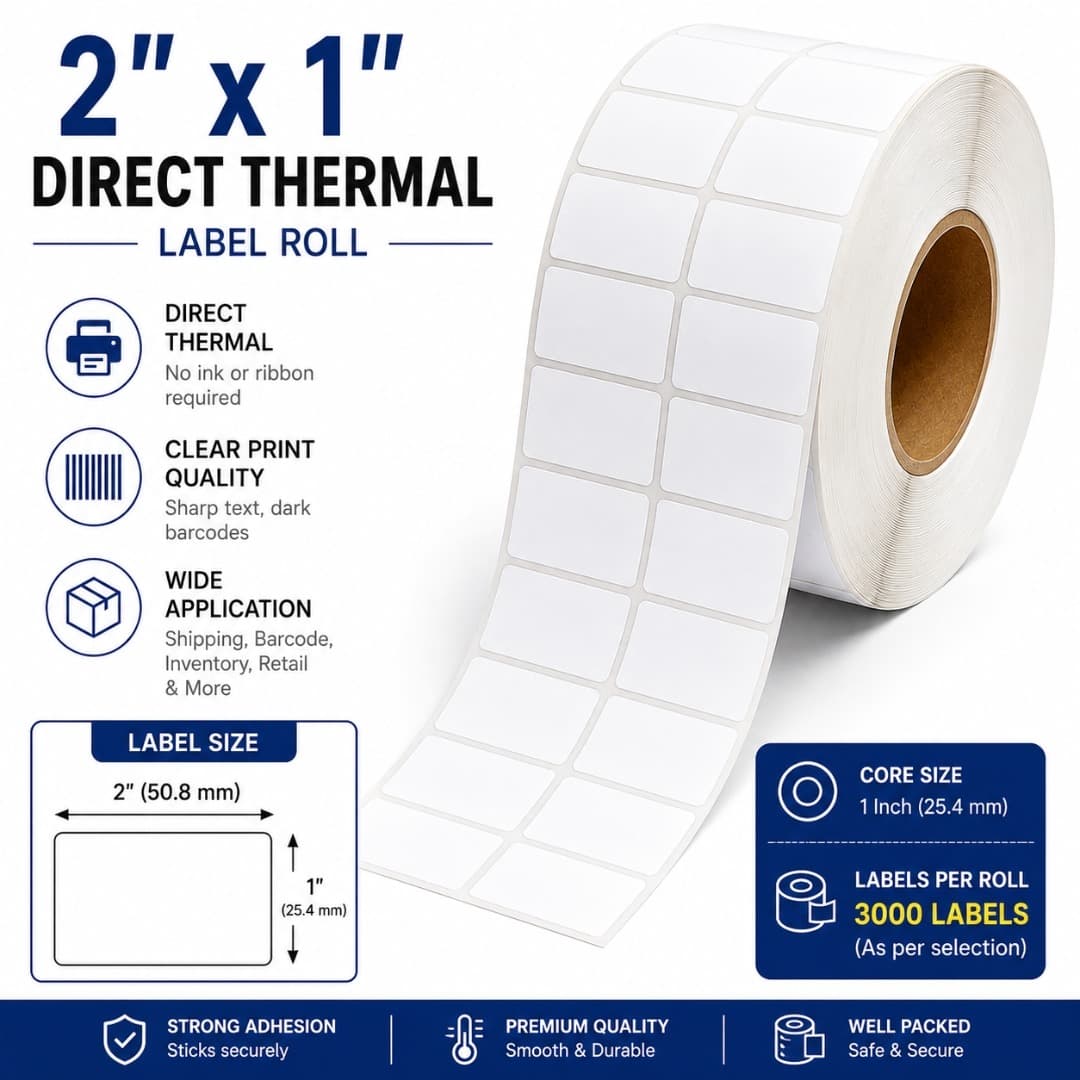 2x1 Direct Thermal Label/Sticker(no Ribbon Required) Plain White 1 Inch core Inside (3000 Labels)