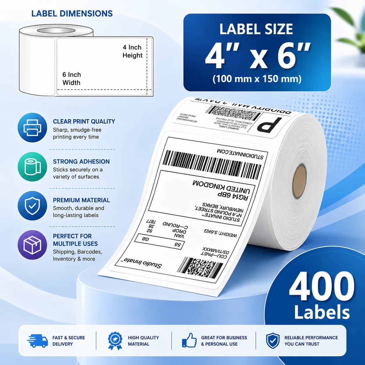 4x6 (100mm x 150mm) Direct Thermal Label/Sticker(no Ribbon Required) Plain White 1 Inch core Inside