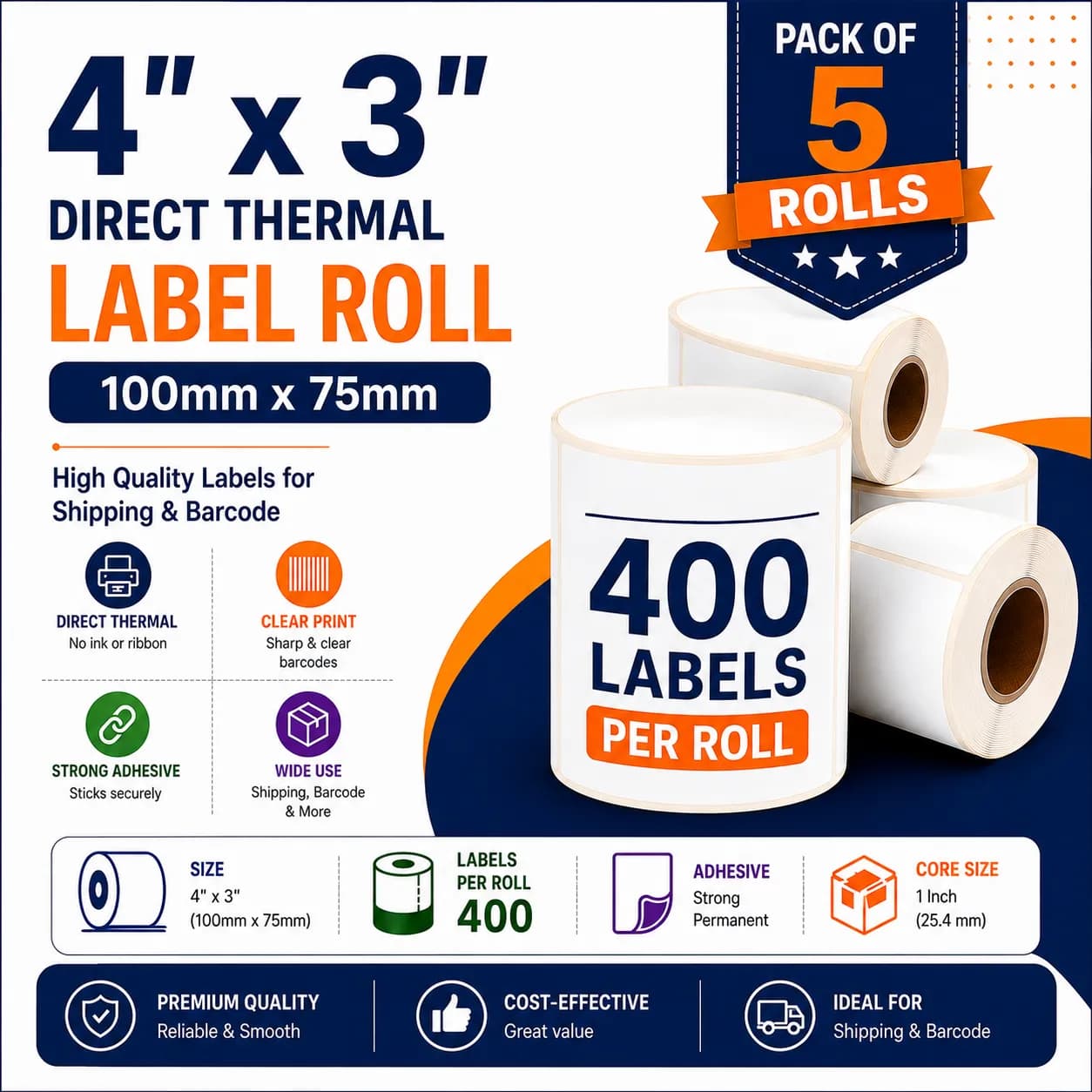 4x3 (100mm x 75mm) Pack of 5 Direct Thermal Label/Sticker 400 labels (no Ribbon Required) Plain White 1 Inch core Inside