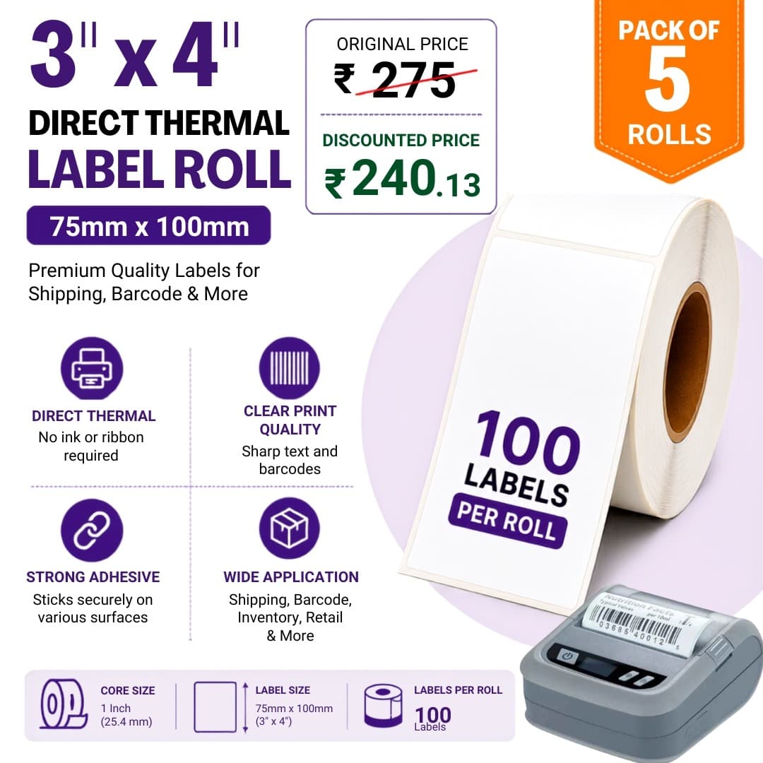 3x4 (75mm x 100mm) Pack of 5 Direct Thermal Label/Sticker(no Ribbon Required) Plain White0.5” Inch core Inside 100 Labels Per roll - Image 1
