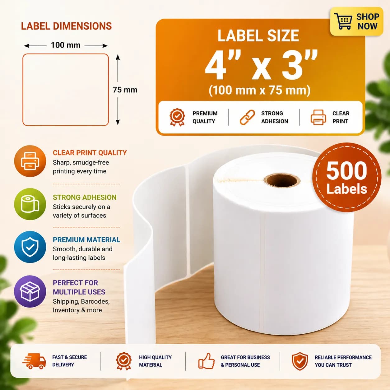 4x3 (100mm x 75mm) Direct Thermal Label/Sticker(no Ribbon Required) Plain White 1 Inch core Inside(500 labels) - Image 1