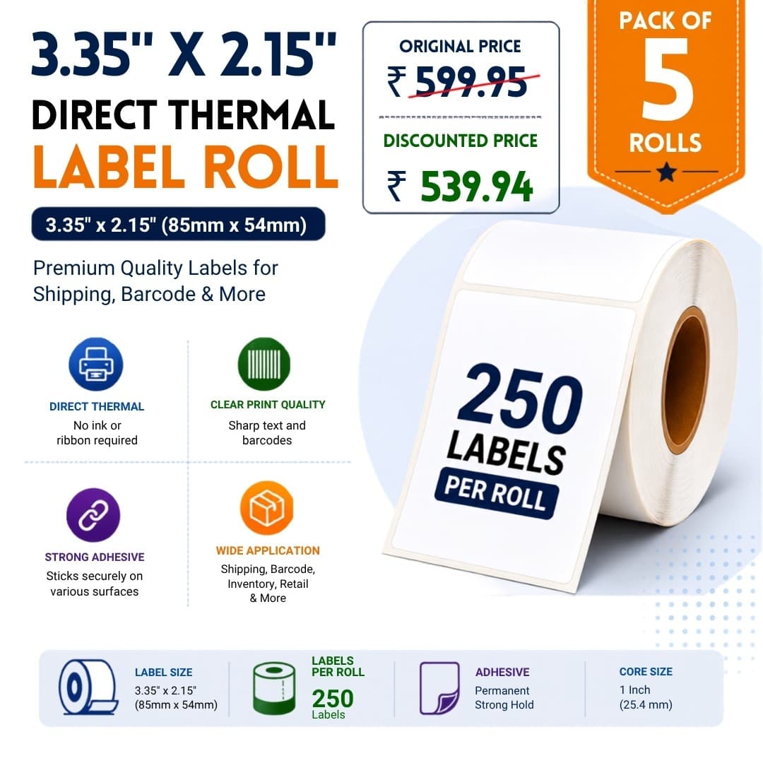 3.35×2.15 Inch (85mm × 55mm) Direct Thermal Label Roll – Pack of 5