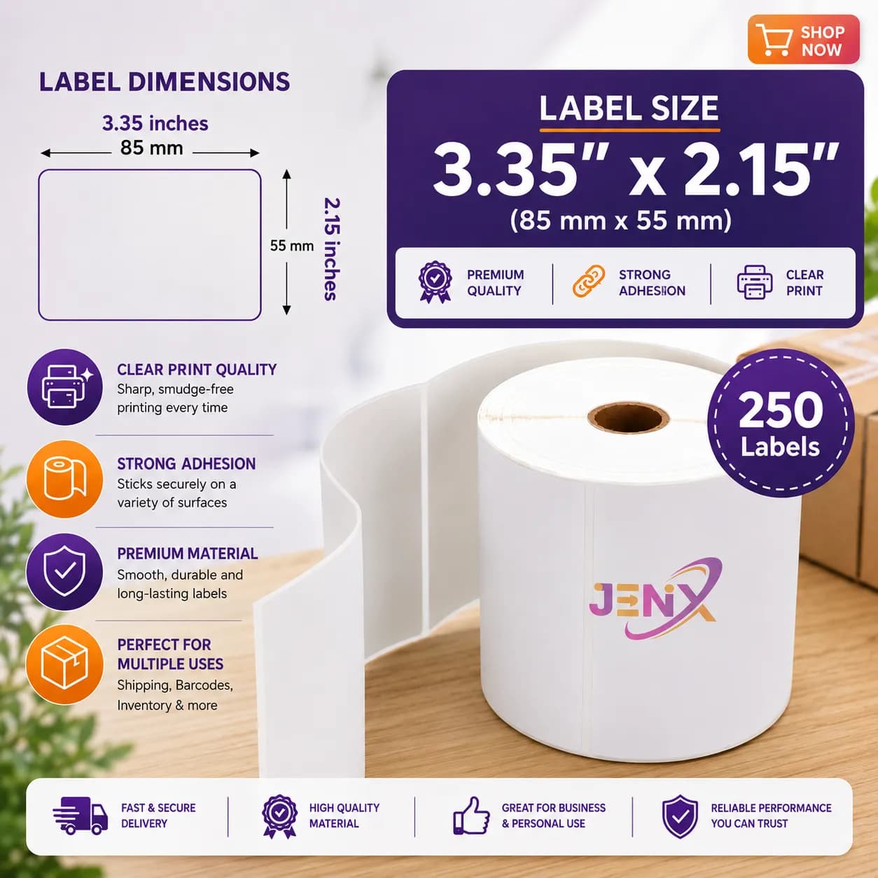 3.35x2.15 (85mm x 55mm) Direct Thermal Label/Sticker(no Ribbon Required) Plain White 1 Inch core Inside